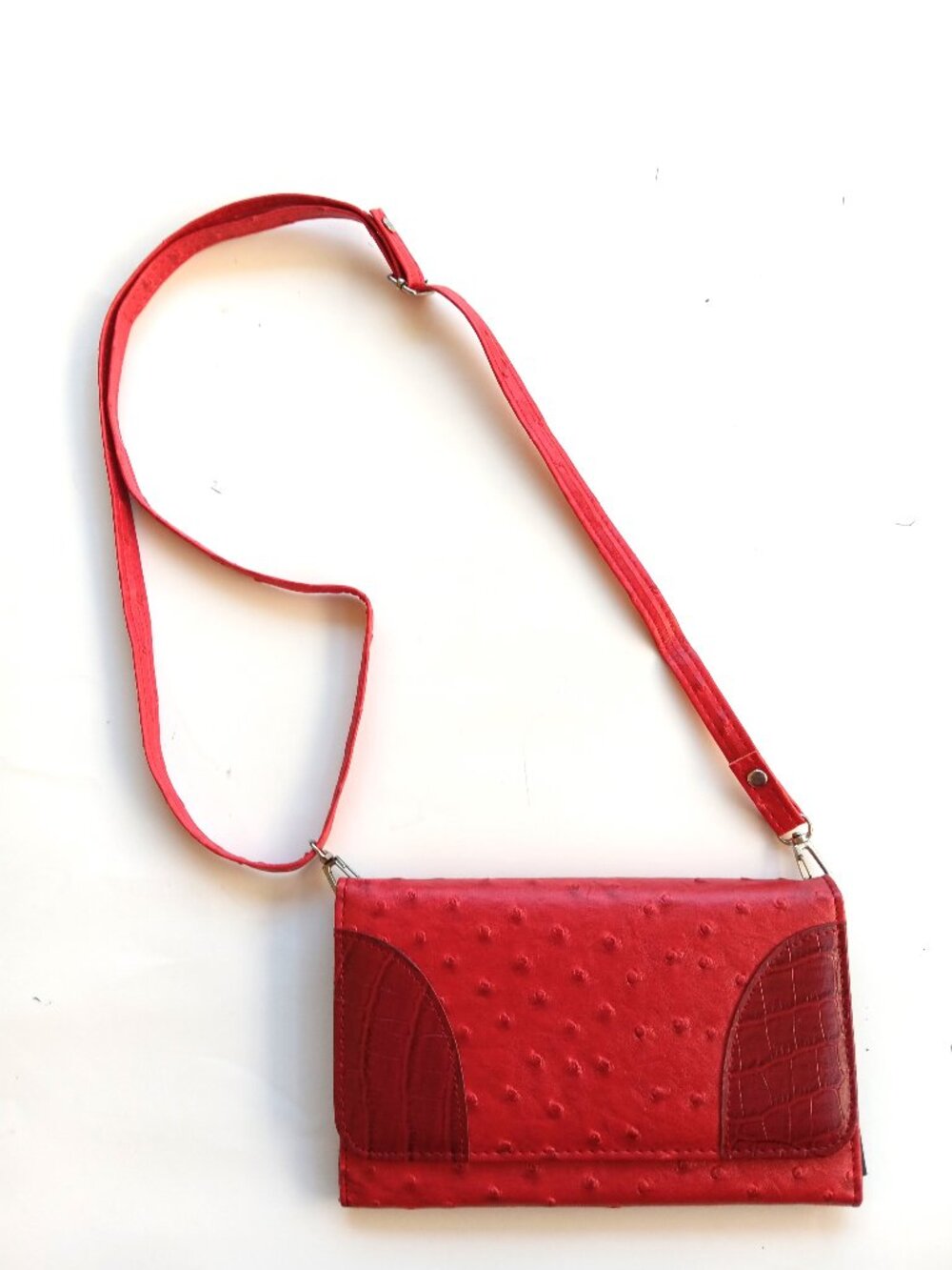 Red Faux Leather Ostrich-Skin Textured Cross-Body Adjustable Strap Clutch